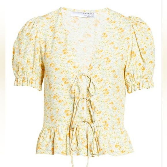 Sophie Rue Short Puff Sleeve Tie Front Top - Picture 1 of 8